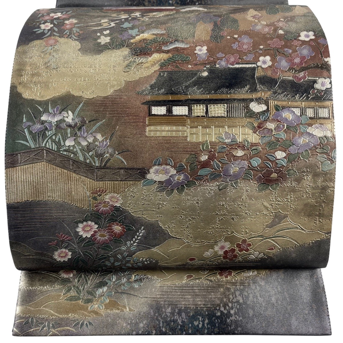 袋帯 神品 営造物 雲文 螺鈿 金彩 しろがね色 お太鼓柄 正絹 【中古】