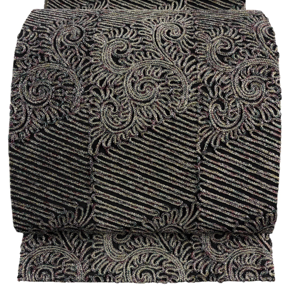 【美品】 袋帯 神品 無月 名書きあり 唐草 斜縞 金糸 黒 全通 正絹 【中古】