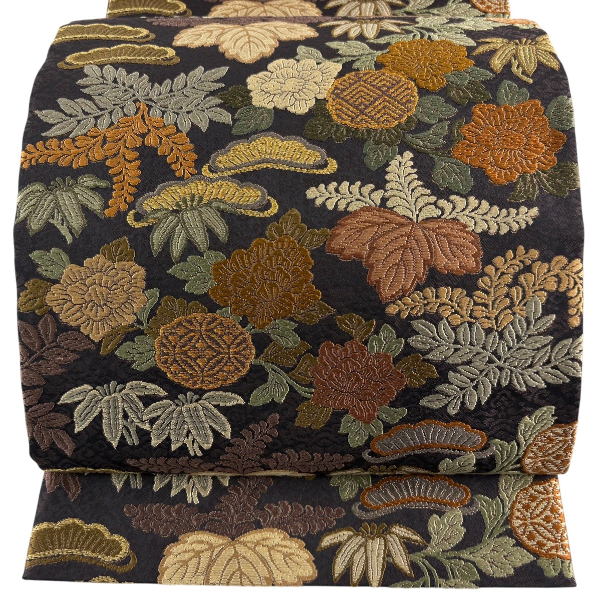 袋帯 神品 桐 菊 金糸 箔 うす茶色色 六通 正絹 【中古】