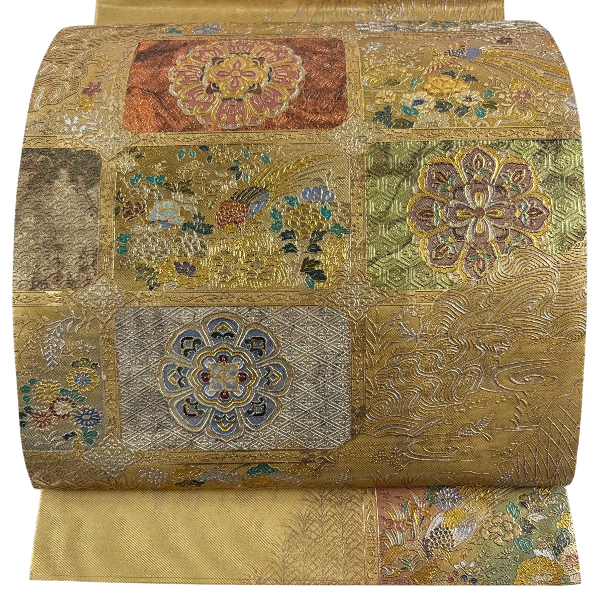袋帯 神品 華文 鳥 現ナマ彩 金色 お太鼓柄 正絹 【中古】