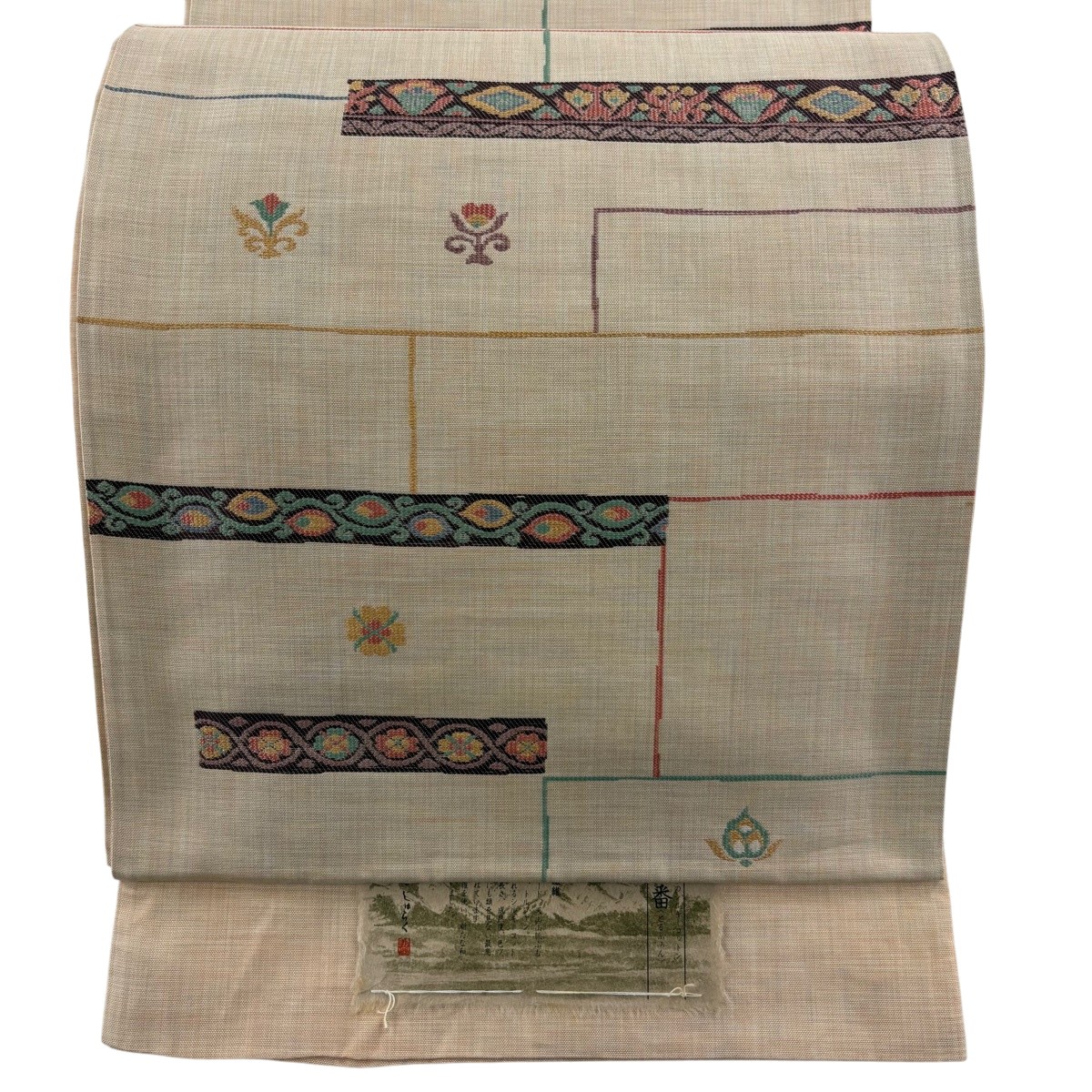 袋帯 神品 じゅらく 証紙あり 花 幾何学学 ベージュ 六通 正絹 【中古】