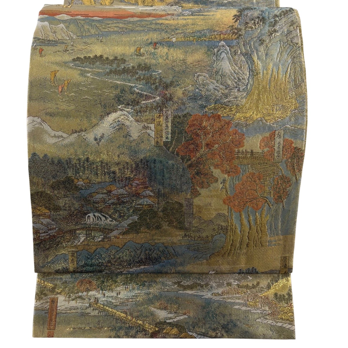 【美品】 袋帯 名篇 見晴らし 箔 金色 お太鼓柄 正絹 【中古】