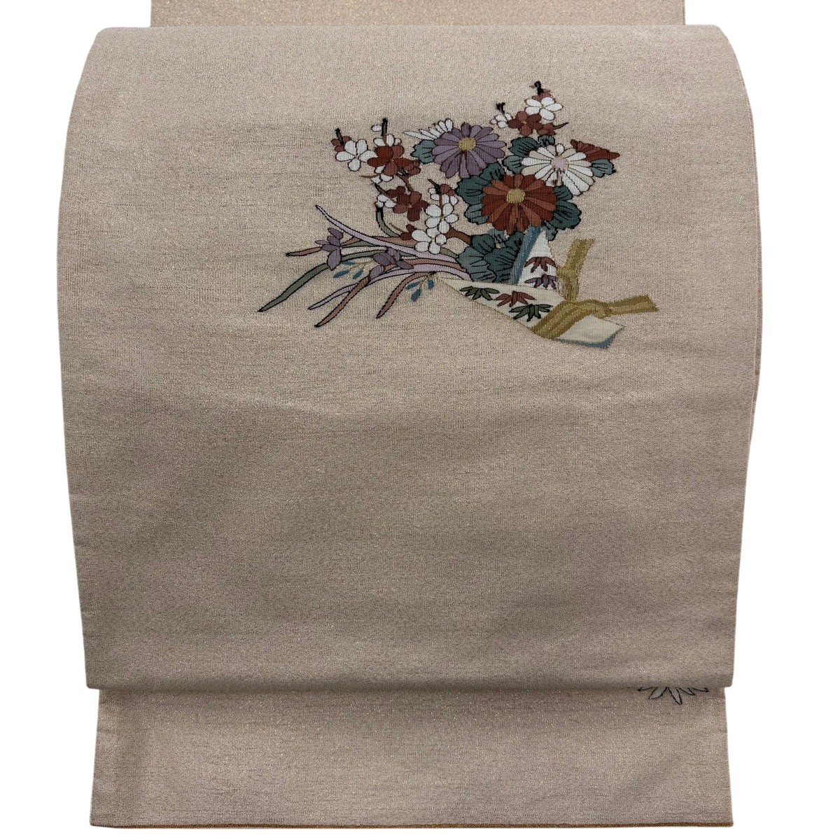 袋帯 神品 花熨斗 顕花植物 金通し 明綴れ 灰桜 お太鼓柄 正絹 【中古】
