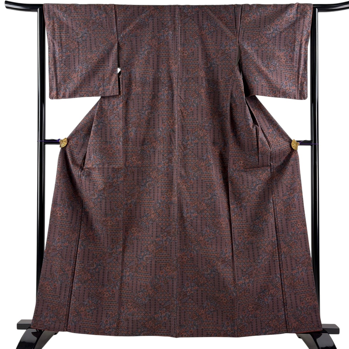 【美品】 小紋 身の丈161.5珊 裄丈64.5珊 M 袷 紬地 証紙あり 更紗 紫 正絹 秀品 【中古】