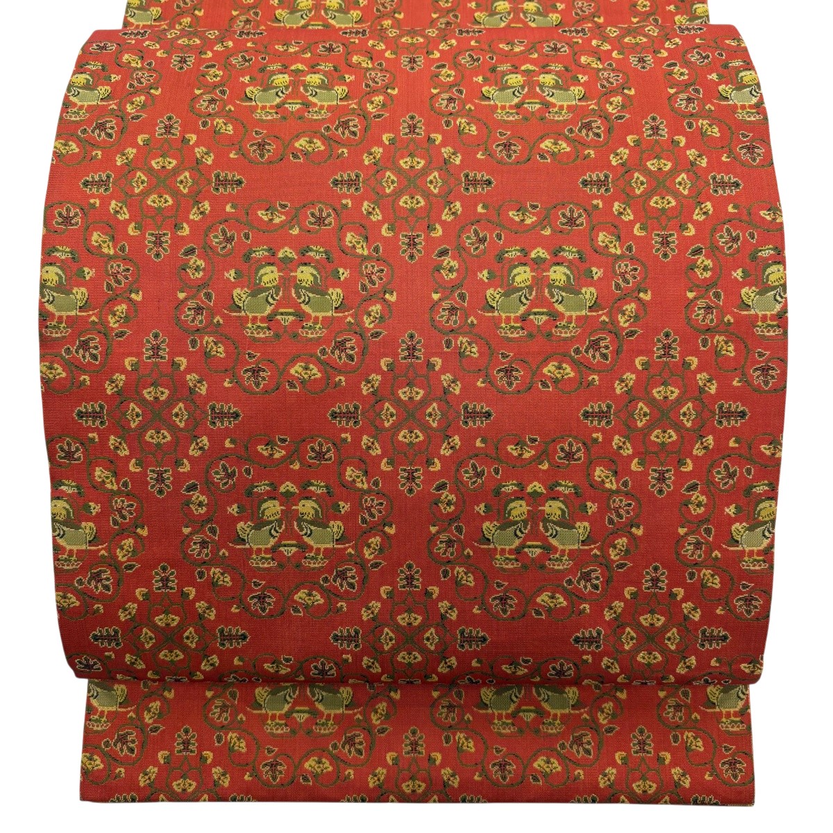 【美品】 開き名古屋帯 神品 龍村芸術布切れ 比翼仕立てもの 向鳥 華文 赤茶 正絹 【中古】