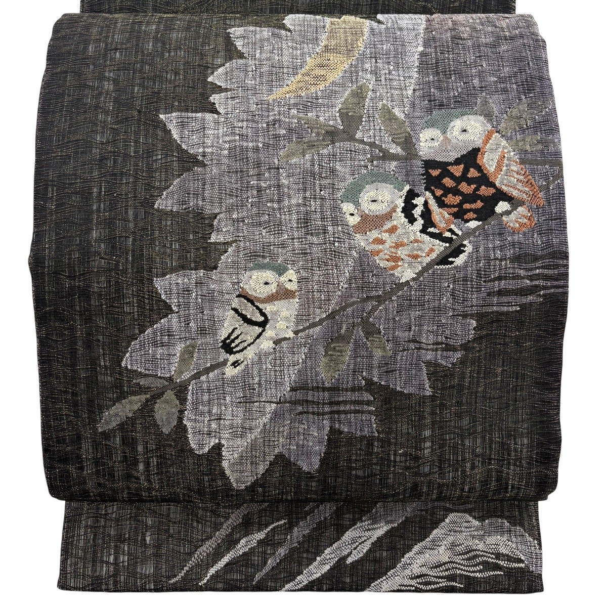 【美品】 袋帯 神品 梟 枝 現ナマ糸 黒 お太鼓柄 正絹 【中古】