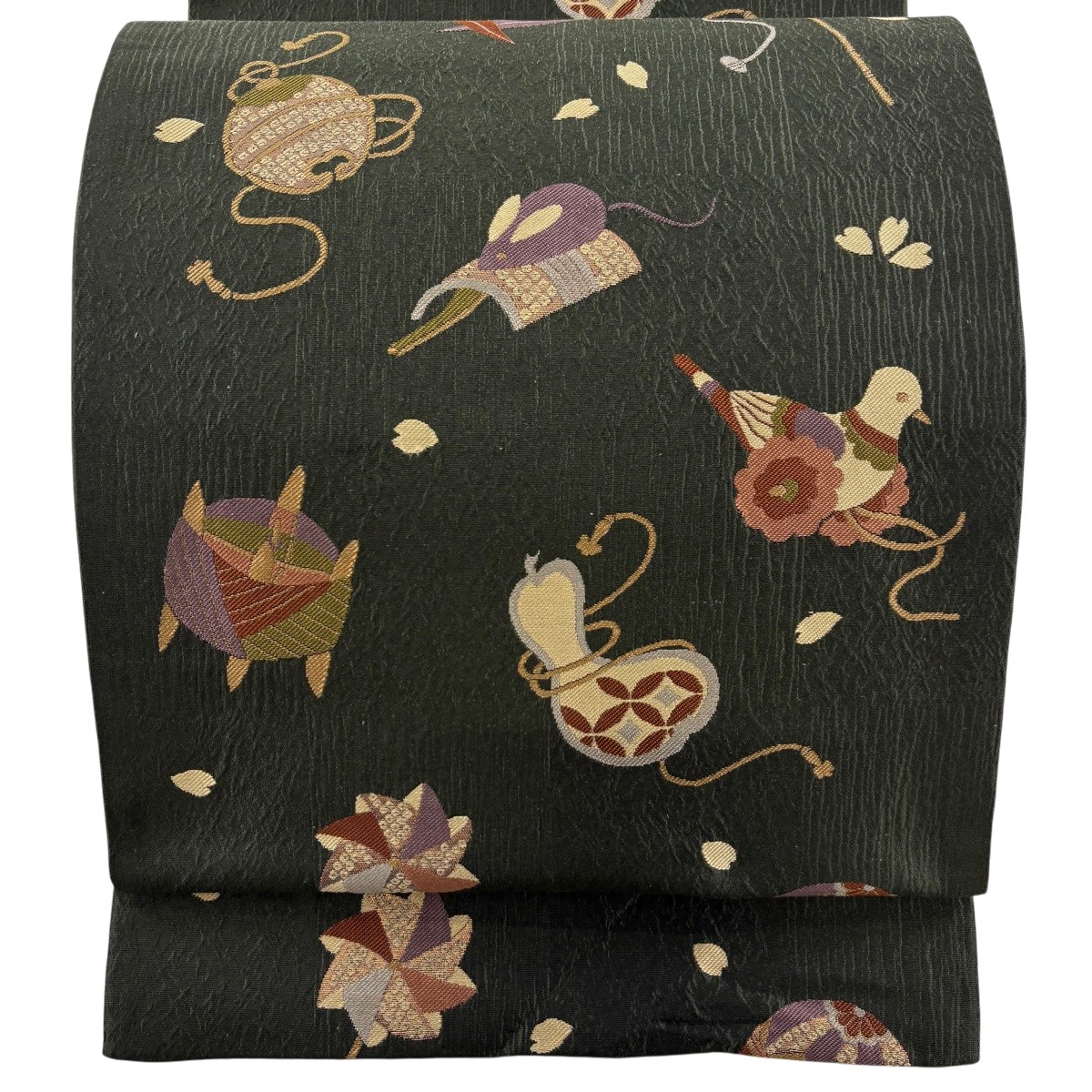 袋帯 神品 糸巻き 瓠 箔 茶緑であること 六通 正絹 【中古】