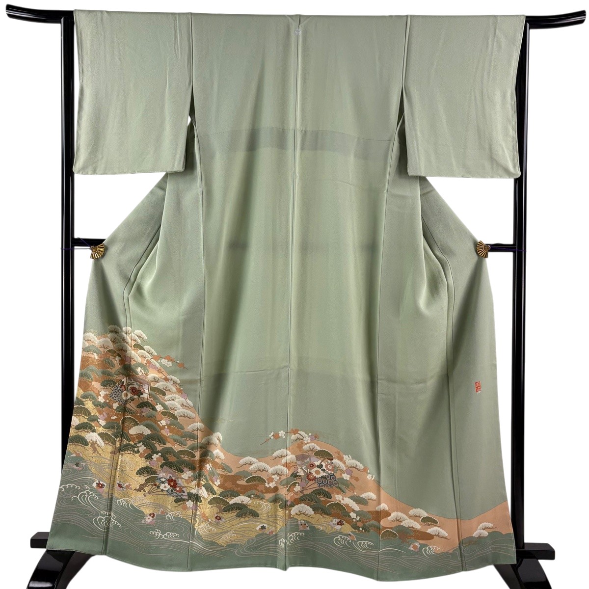 【美品】 色留袖 身の丈164珊 裄丈64珊 M 袷 扇 松梅 金糸 金彩 薄緑 正絹 秀品 一往紋 【中古】