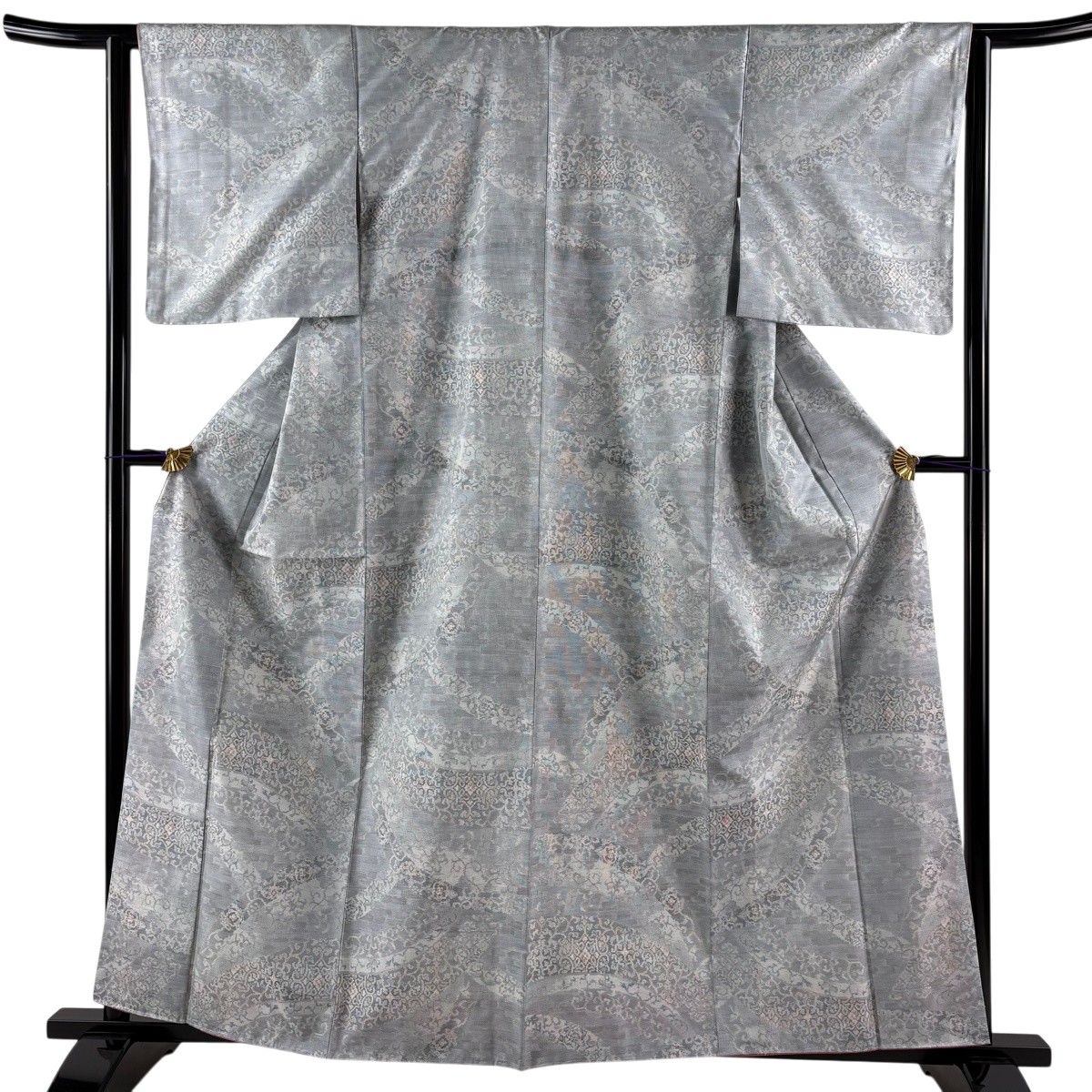 【美品】 紬 身の丈159.5珊 裄丈62.5珊 S 袷 華文 花唐草 青薄墨色 正絹 秀品 【中古】