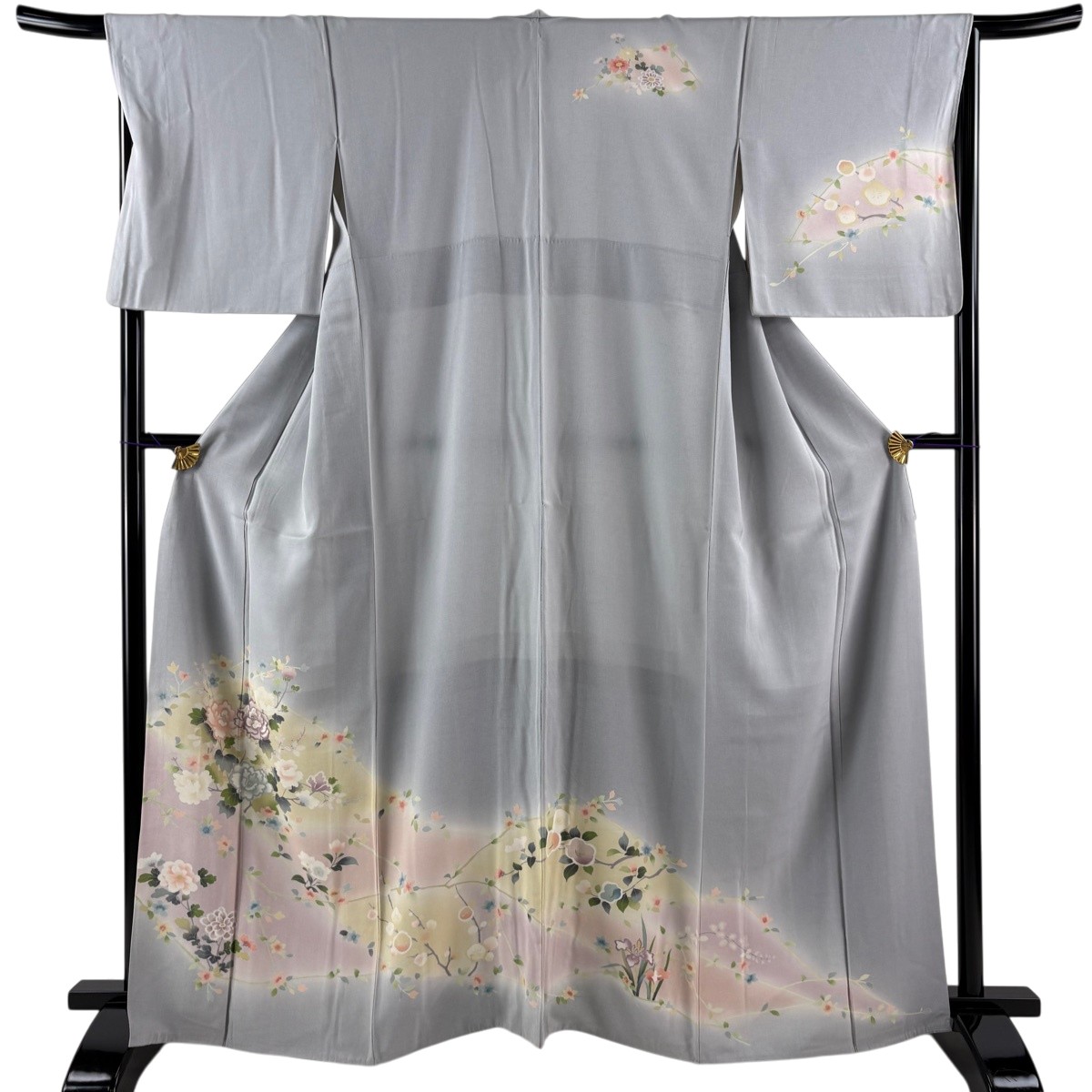 短い訪問着 身の丈163珊 裄丈67.5珊 L 袷 名取り草 顕花植物 刺しゅう ぼかし 薄墨色 正絹 秀品 【中古】
