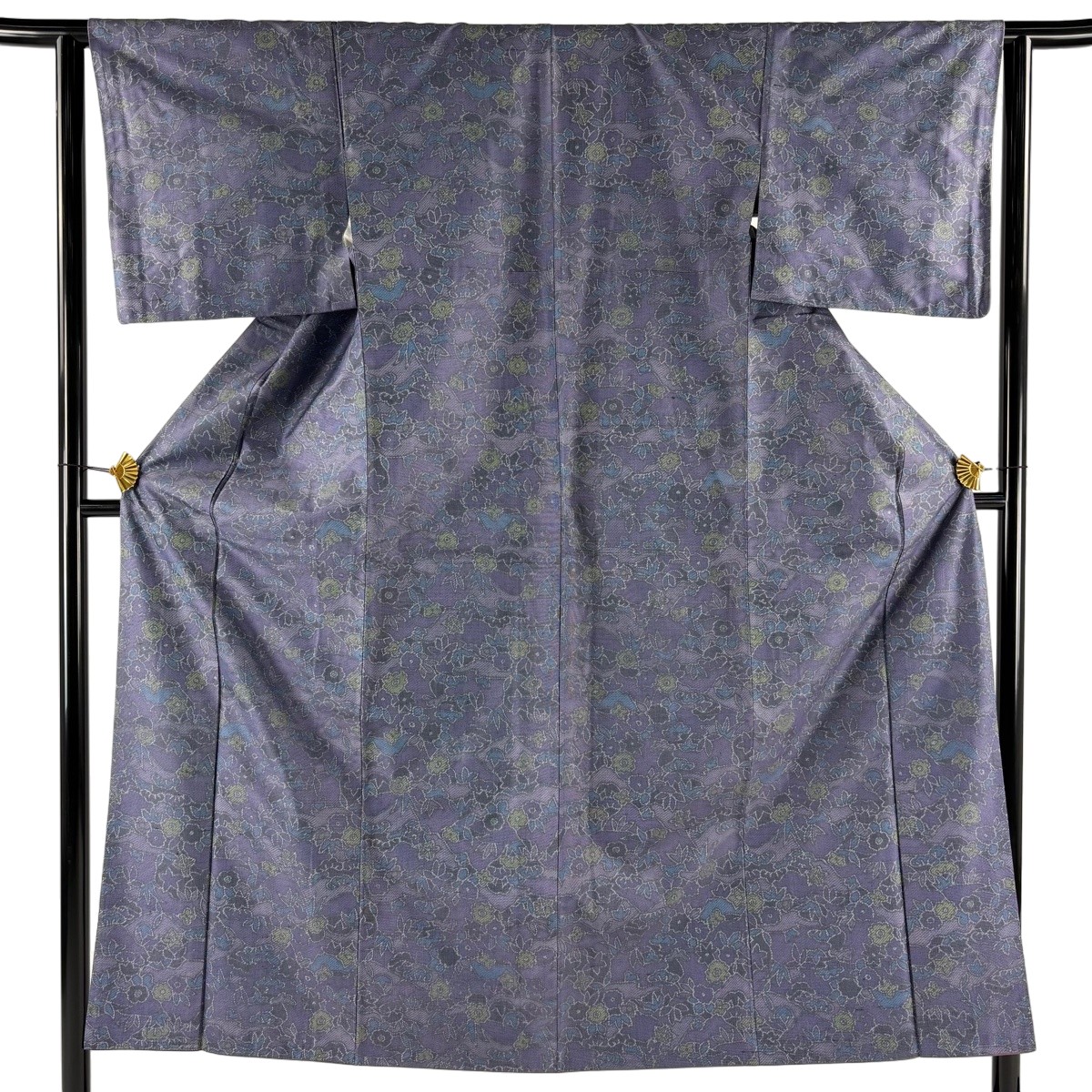 【美品】 紬 身の丈152珊 裄丈62珊 S 袷 顕花植物 松竹 灰紫 正絹 秀品 【中古】