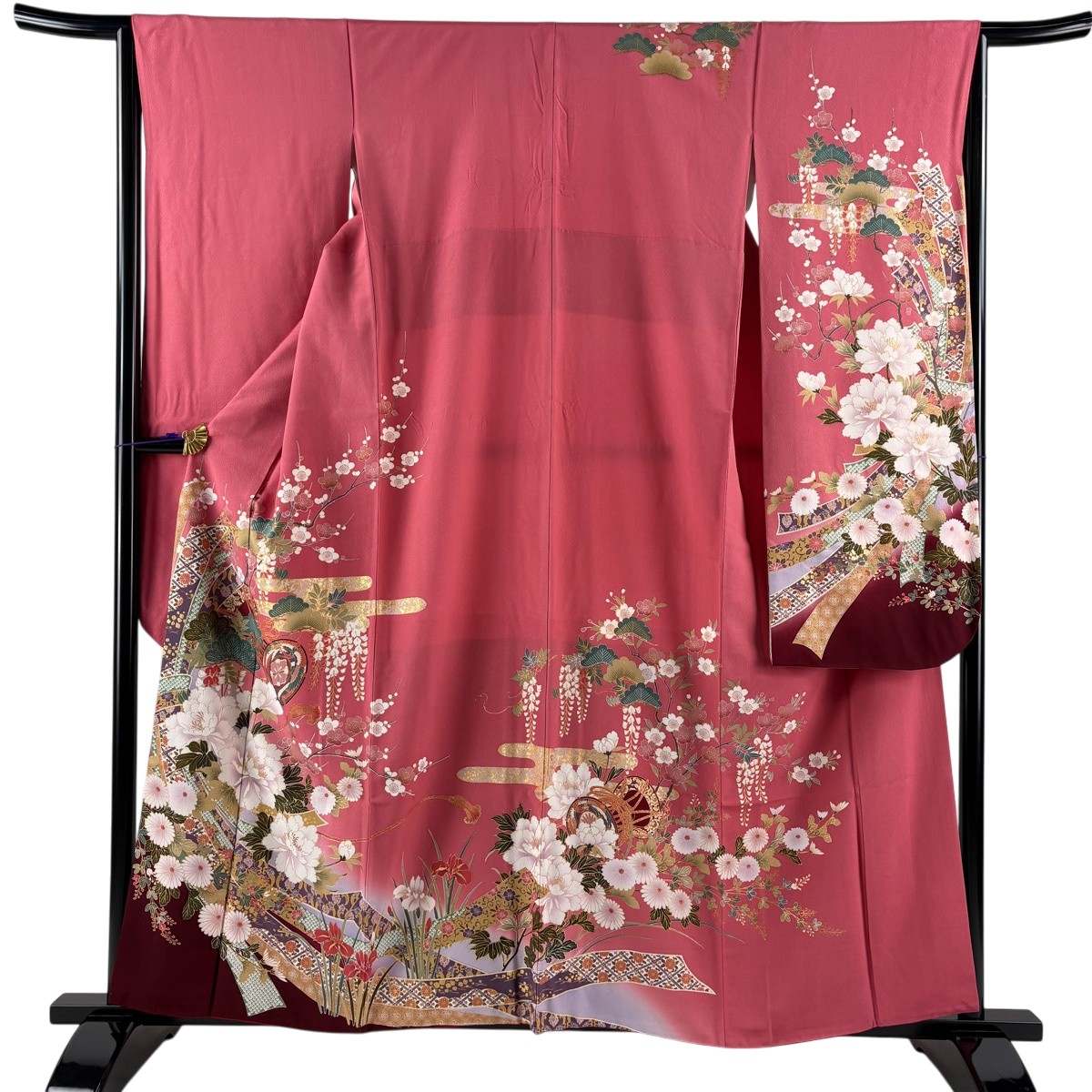 振袖 身の丈158.5珊 裄丈64.5珊 M 袷 鼓 名取り草 金彩 ぼかし さくら色 正絹 秀品 【中古】