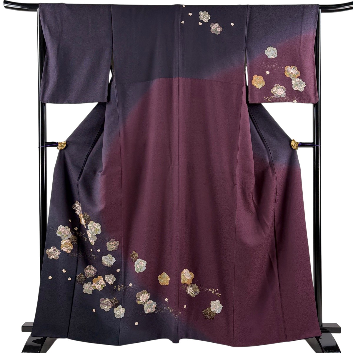 短い訪問着 身の丈162.5珊 裄丈66.5珊 M 袷 桜 顕花植物 金糸 染め分け 濃紫 正絹 秀品 【中古】
