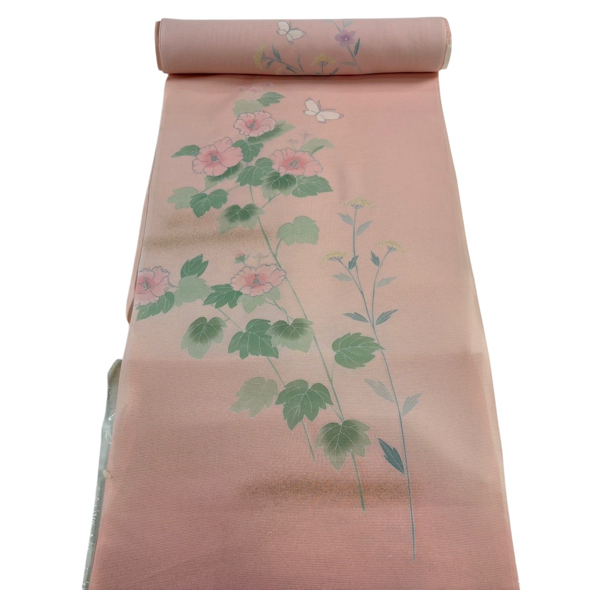 布切れ 秀品 付下げ 薄物 絽 顕花植物 蝶 現ナマ彩 さくら色 正絹 【中古】