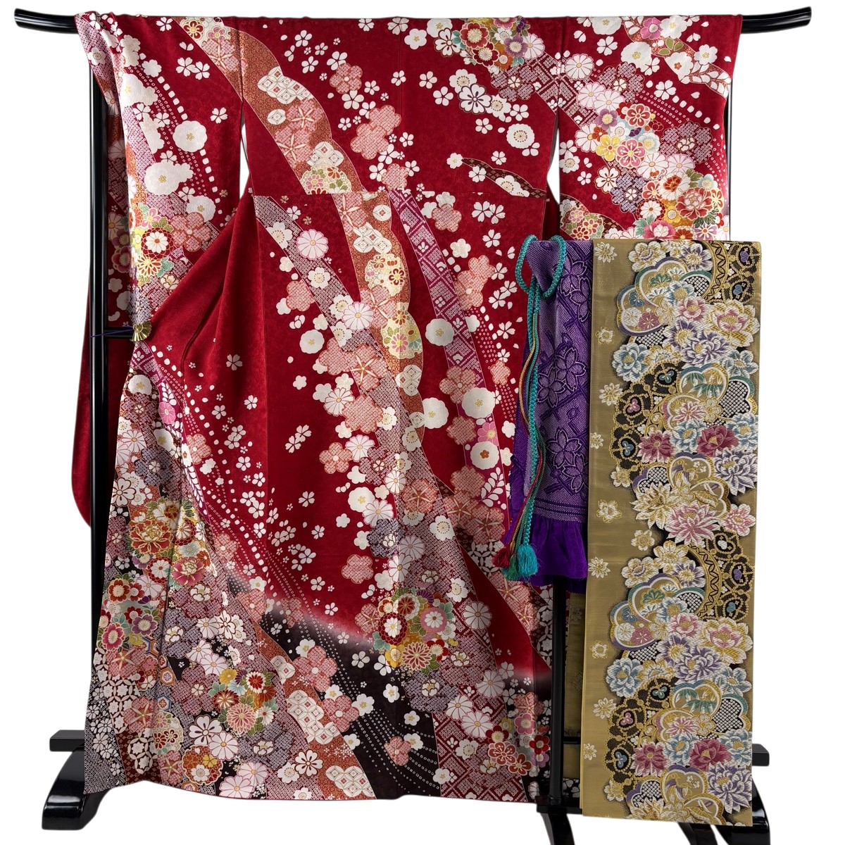 【美品】 振袖 身の丈167珊 裄丈70珊 L 袷 袋帯フルセット 名取り草 桜 金糸 金彩 赤 正絹 神品 【中古】