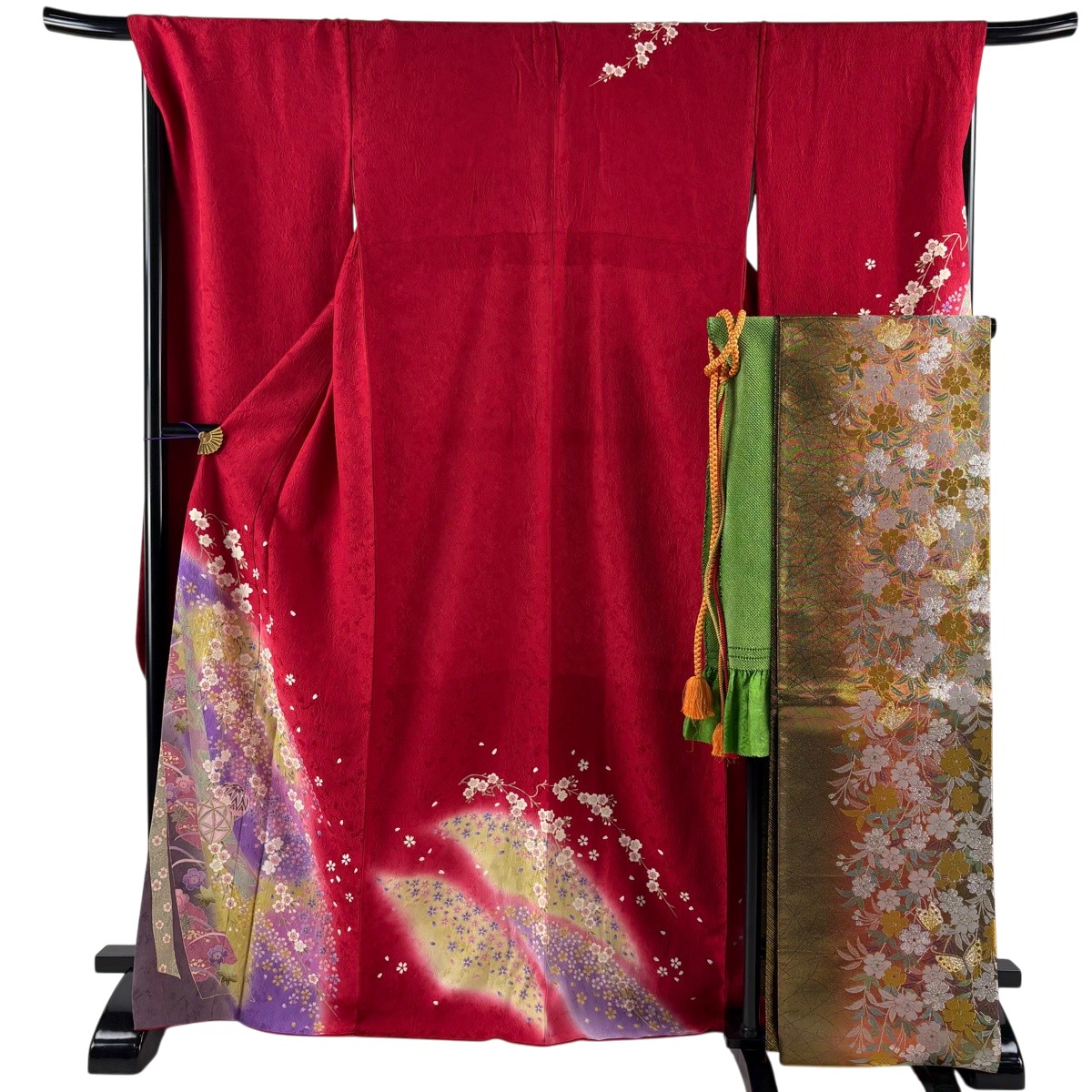 【美品】 振袖 身の丈168.5珊 裄丈68珊 L 袷 袋帯フルセット やまと 桜 手鞠 箔 金彩 赤 正絹 秀品 【中古】