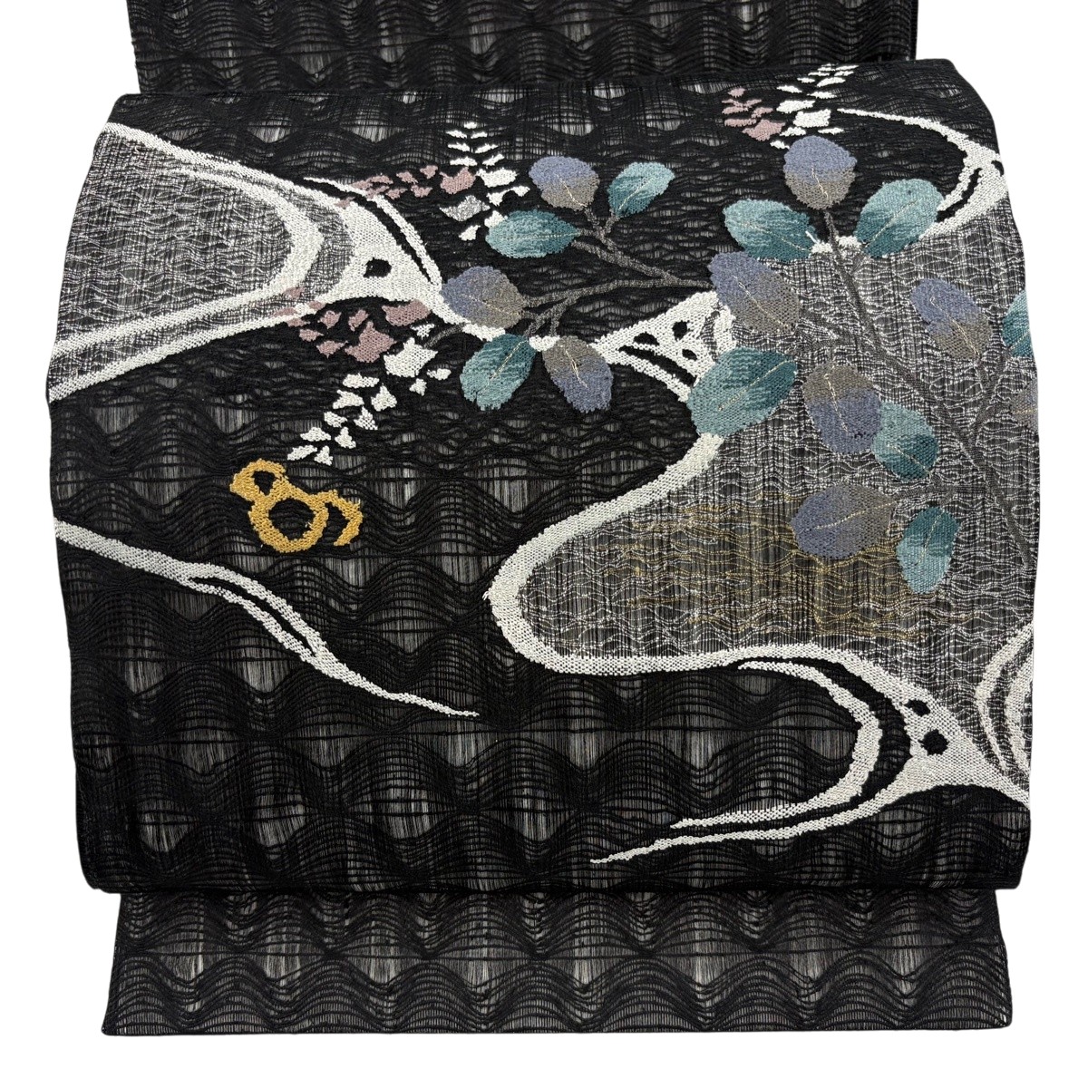 【美品】 袋帯 秀品 夏帯 萩 水流 金糸 黒 お太鼓柄 正絹 【中古】