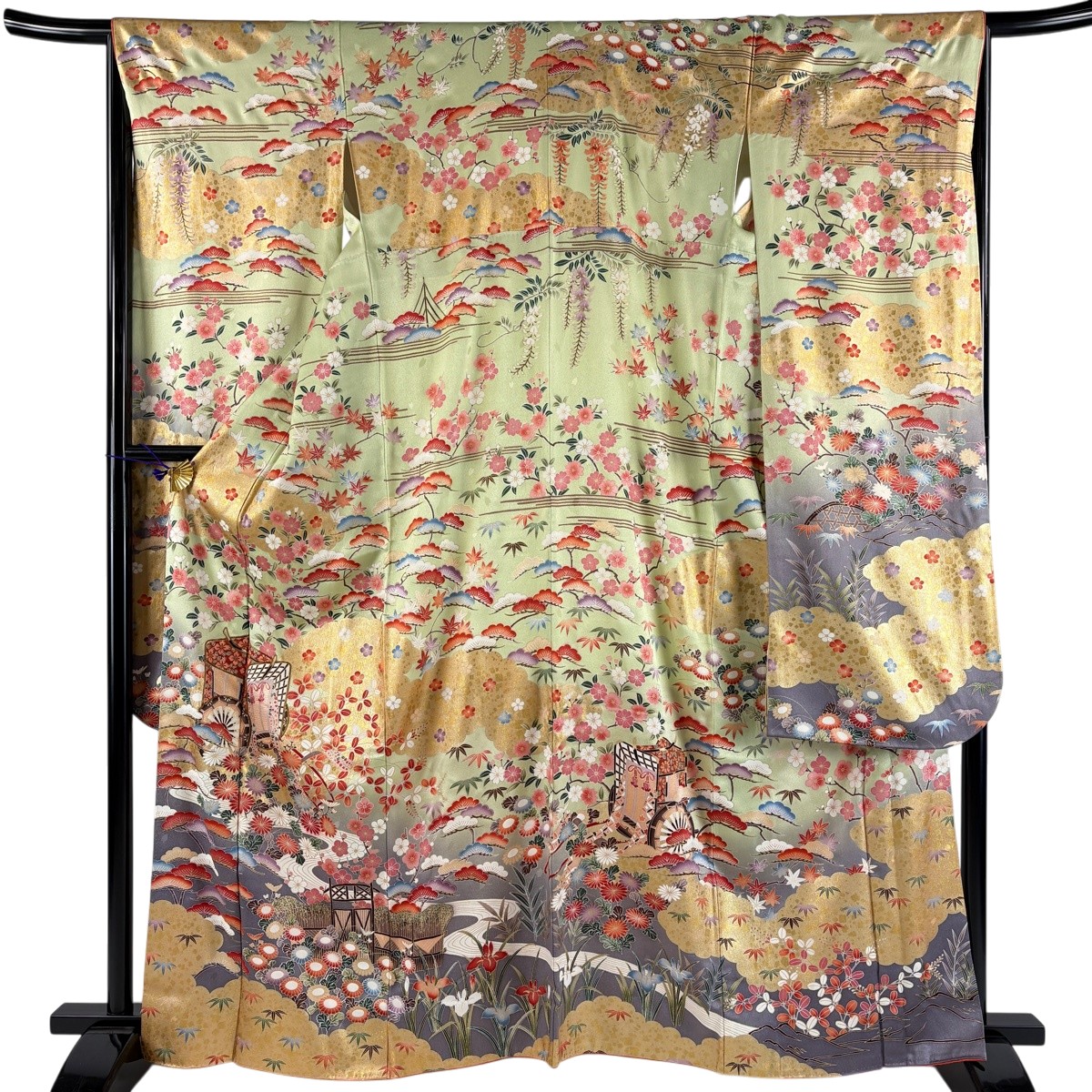 振袖 身の丈165珊 裄丈66珊 M 袷 御所車 菊 金糸 金彩 抹茶色 正絹 秀品 【中古】