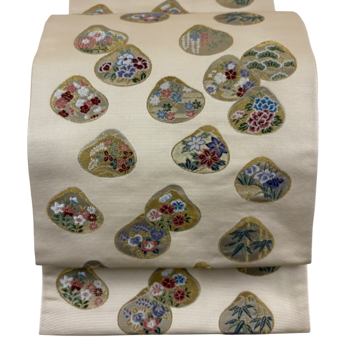 【美品】 袋帯 名曲 貝合わせ 顕花植物 金糸 箔 ベージュ 六通 正絹 【中古】