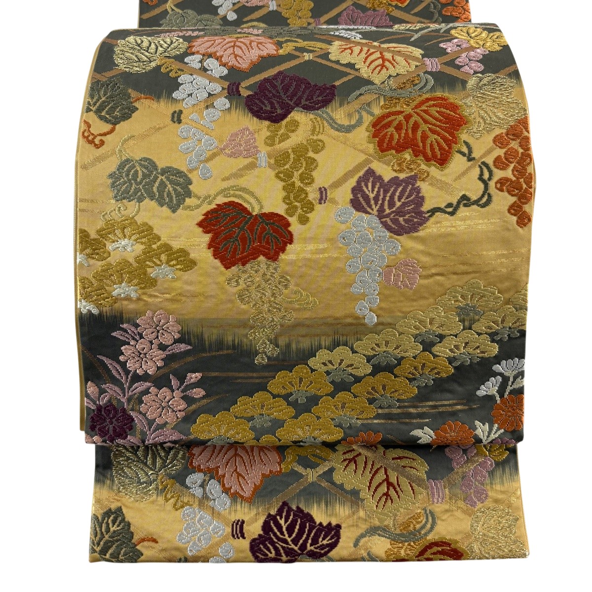 【美品】 袋帯 名曲 グレープ松秋草文 能衣唐織 箔 山吹赤銅色 六通 正絹 【中古】