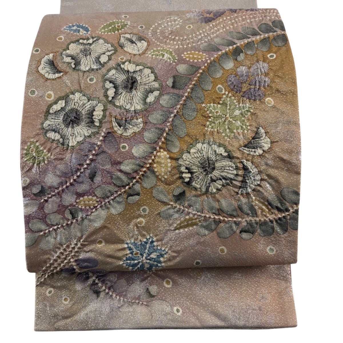 【美品】 袋帯 名曲 名書きあり 辻が花 金通し 箔 灰茶 お太鼓柄 正絹 【中古】