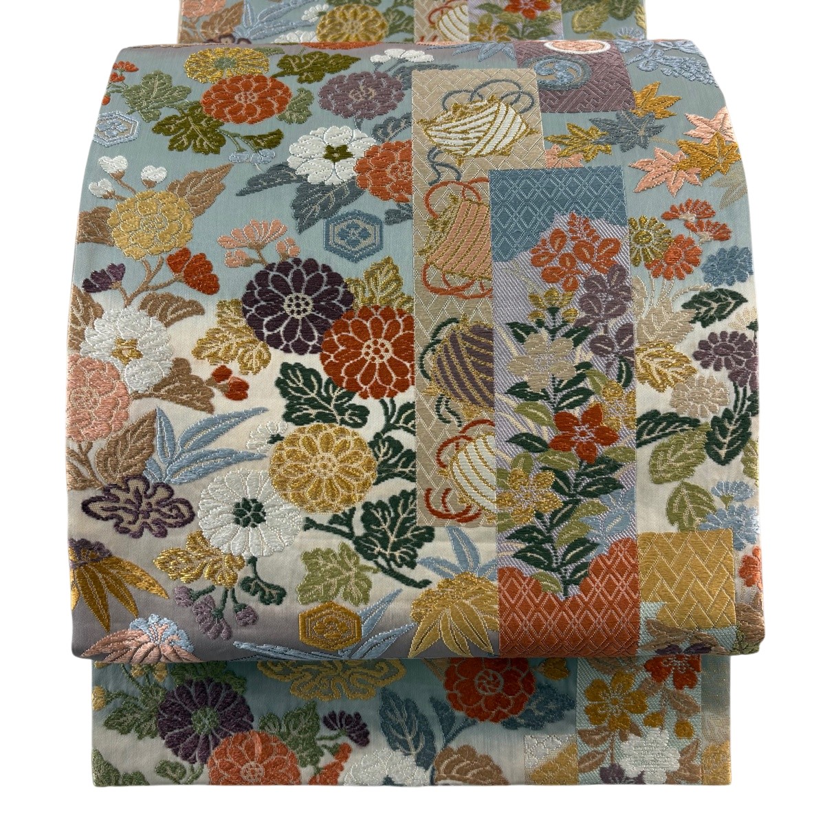 袋帯 神品 糸巻き 顕花植物 金糸 唐織 灰緑 六通 正絹 【中古】