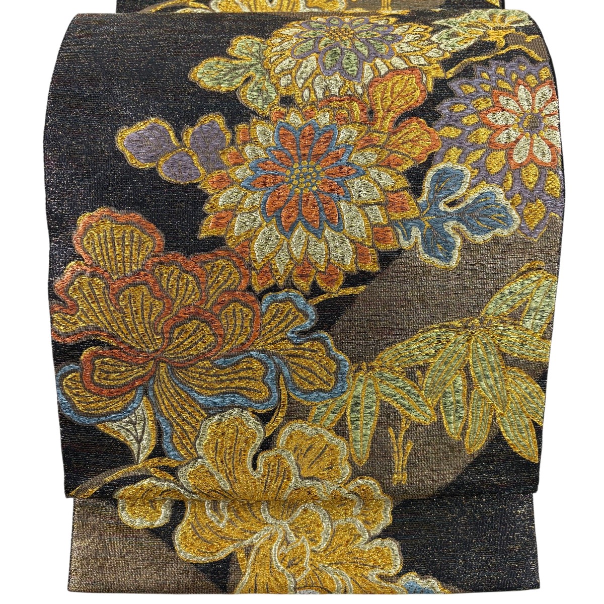 【美品】 袋帯 名曲 顕花植物 箔 墨色 六通 正絹 【中古】
