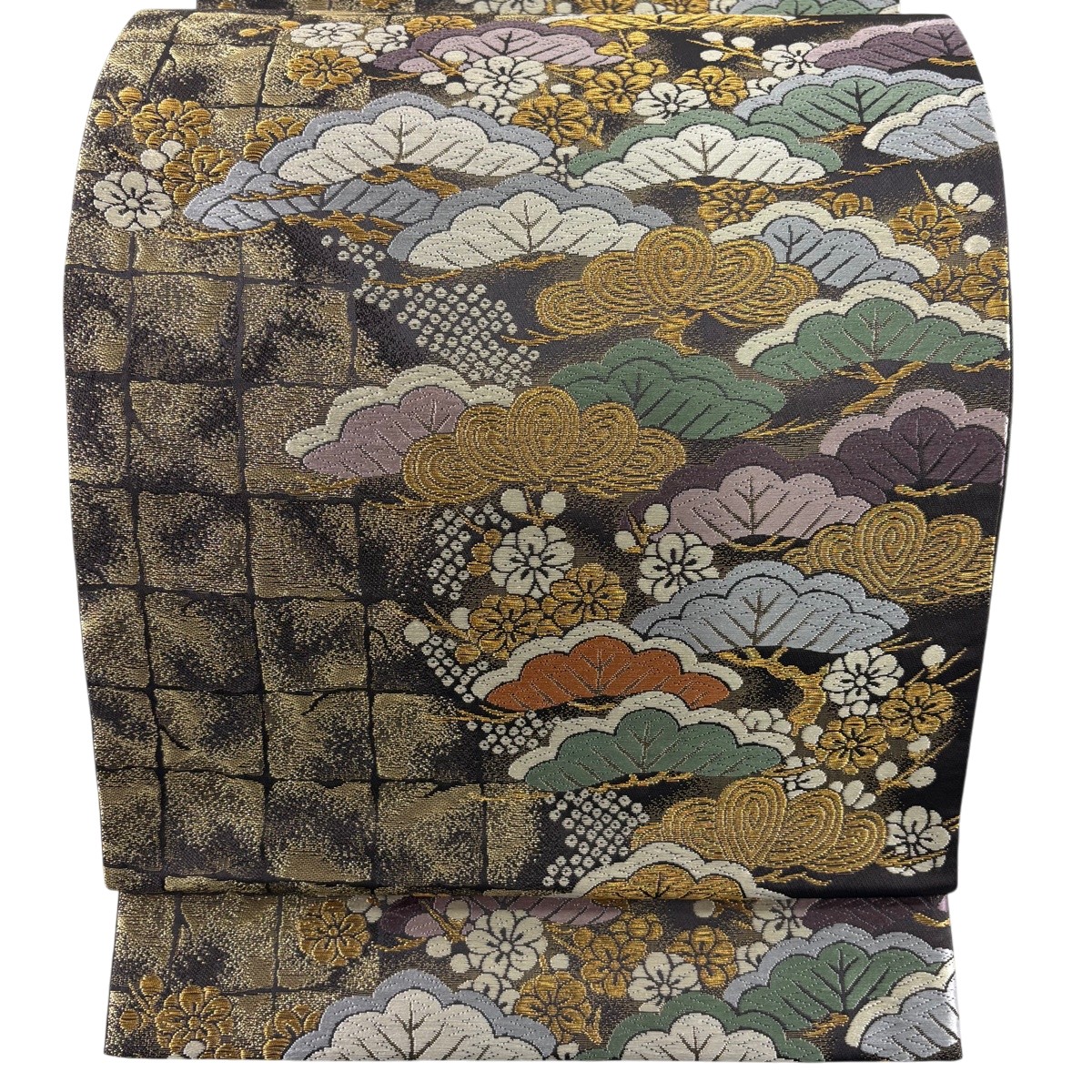 【美品】 袋帯 名曲 松 梅 金糸 箔 焦茶色 六通 正絹 【中古】