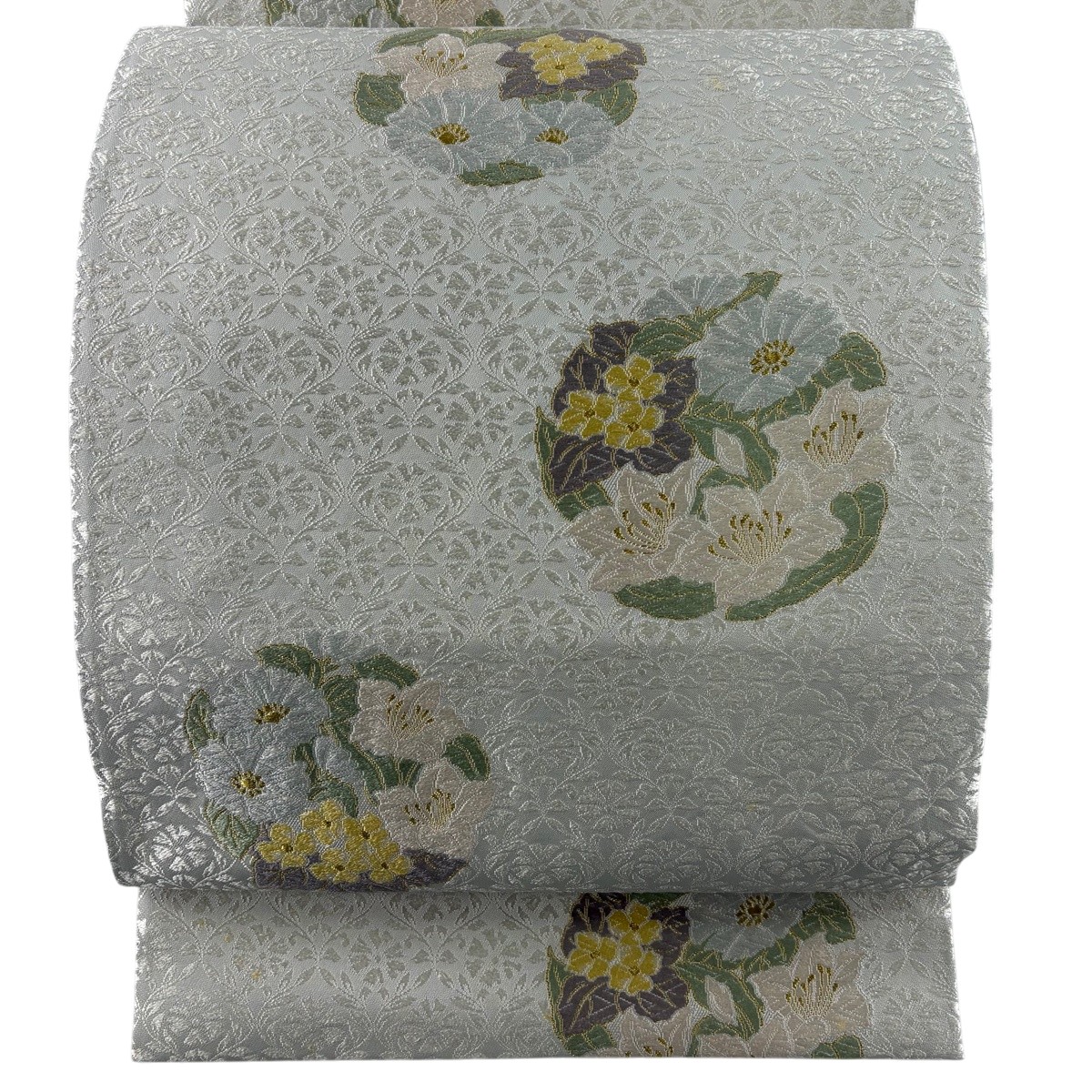袋帯 神品 顕花植物 金糸 薄墨色 六通 正絹 【中古】