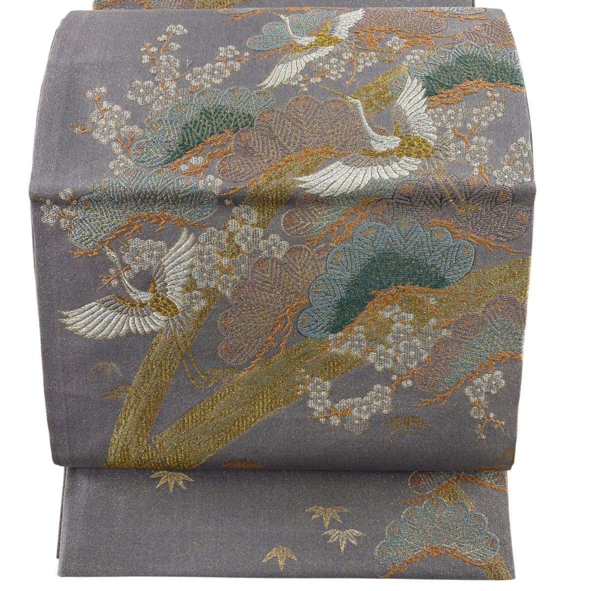 袋帯 神品 松竹梅 鶴 金糸 箔 灰紫 お太鼓柄 正絹 【中古】