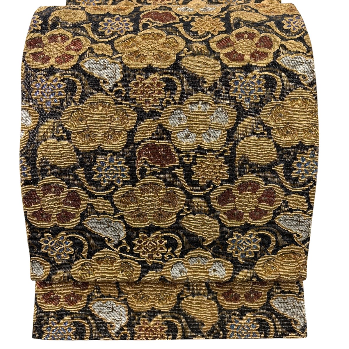 【美品】 袋帯 名曲 花唐草 金糸 箔 黒 六通 正絹 【中古】