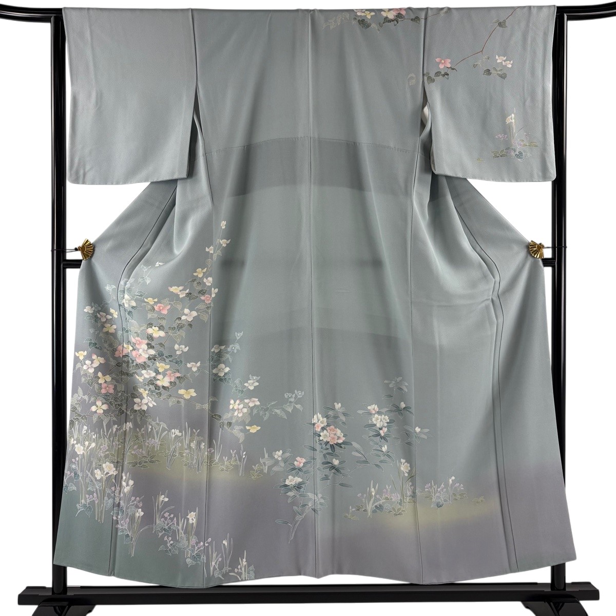 短い訪問着 身の丈153珊 裄丈64.5珊 M 袷 枝花 顕花植物 ぼかし 灰緑 正絹 秀品 【中古】