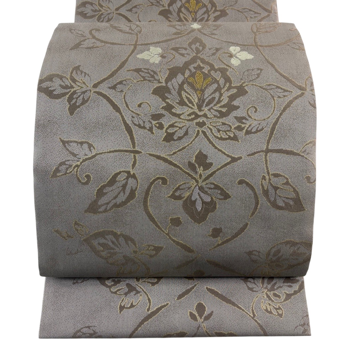 【美品】 開き名古屋帯 秀品 やまと 花唐草 箔 金糸 灰茶 正絹 【中古】