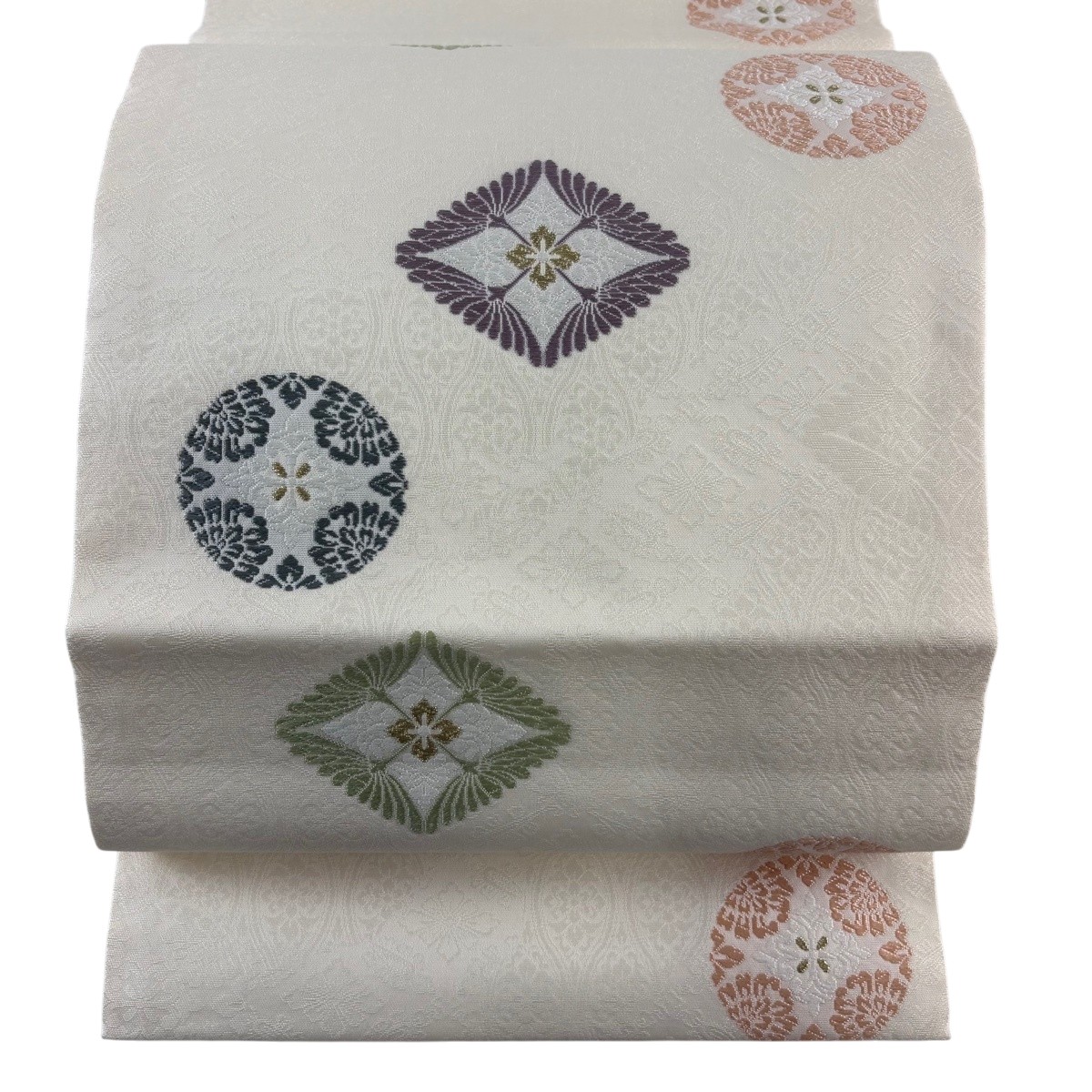 【美品】 開き名古屋帯 秀品 やまと 丸文 花 金糸 皮膚軟化剤 正絹 【中古】