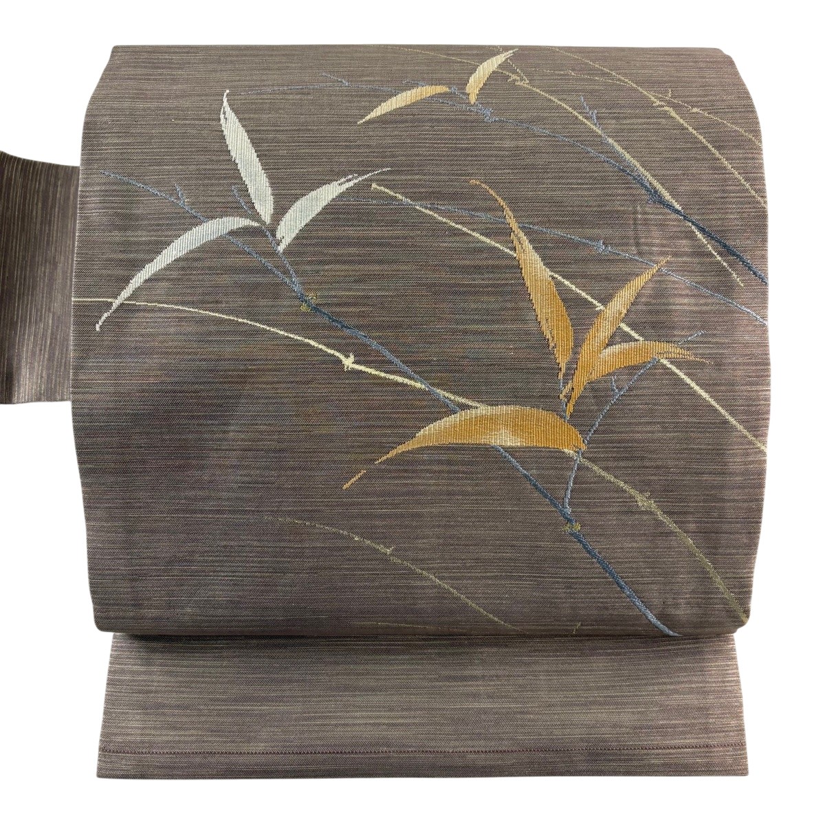 【美品】 名古屋帯 秀品 関西仕立てもの 葉 金糸 箔 薄アズキ 正絹 【中古】