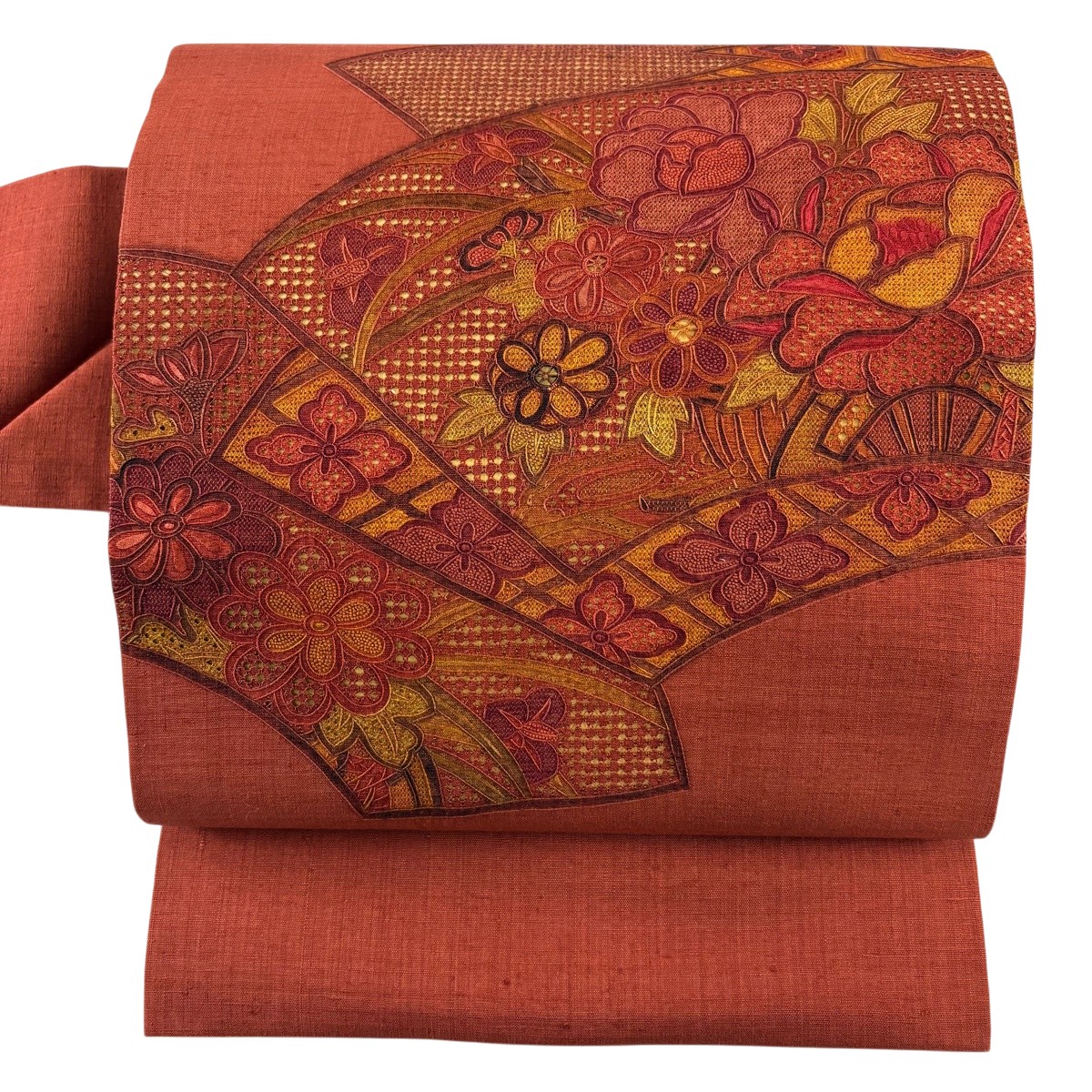 【美品】 名古屋帯 秀品 紬地 扇子 顕花植物 刺しゅう 赤茶 正絹 【中古】