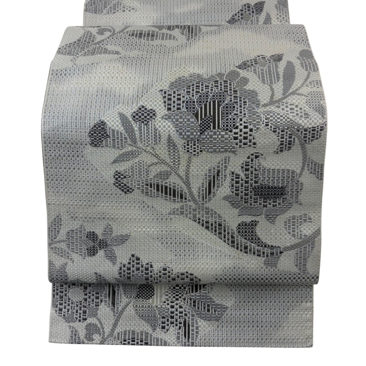 【美品】 名古屋帯 秀品 八寸名古屋帯 松葉仕立てもの 顕花植物 灰白 正絹 【中古】