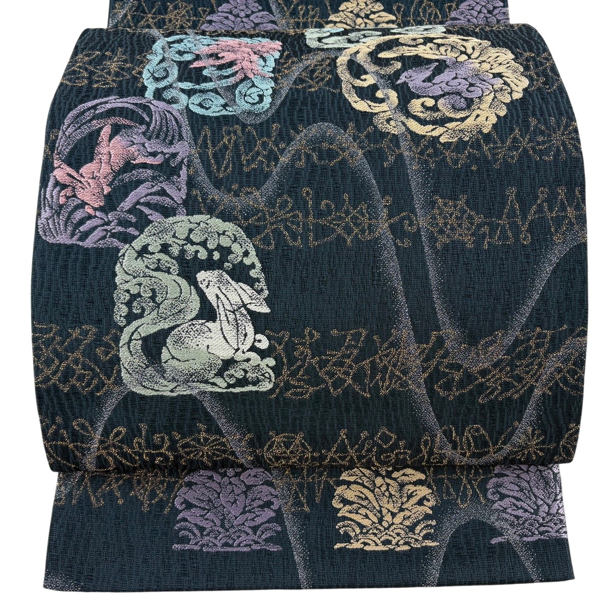 【美品】 袋帯 秀品 今様源氏香 うさぎ 箔 濃紺色 六通 正絹 【中古】