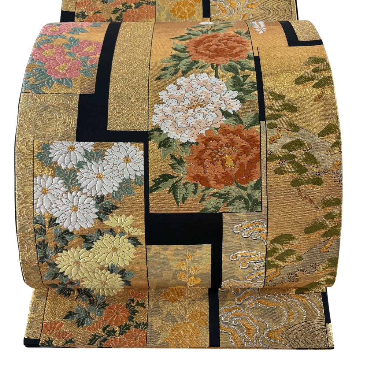 【美品】 袋帯 秀品 短冊琳派文 箔 唐織 黒 六通 正絹 【中古】