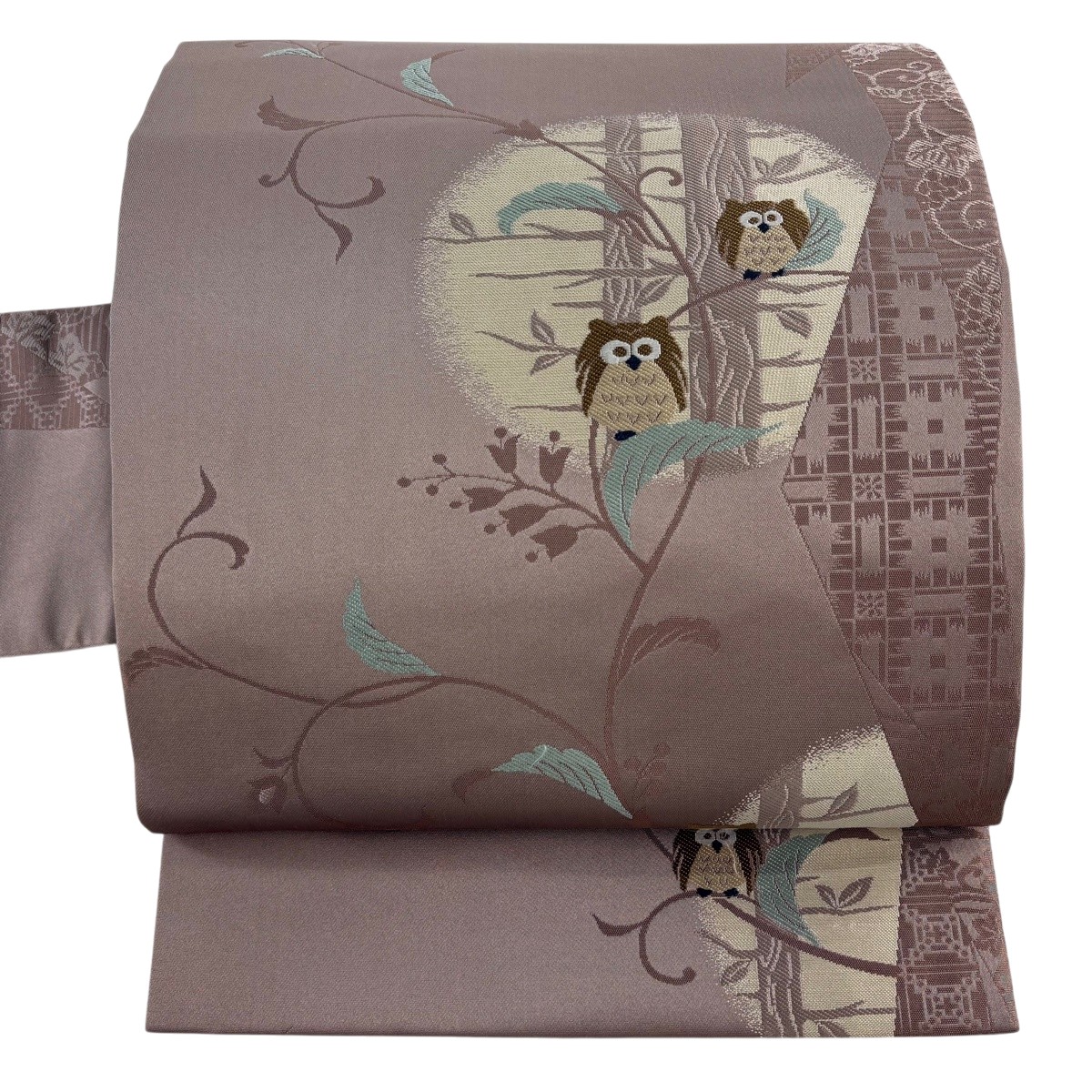 【美品】 名古屋帯 神品 木菟 花唐草 小豆色 正絹 【中古】
