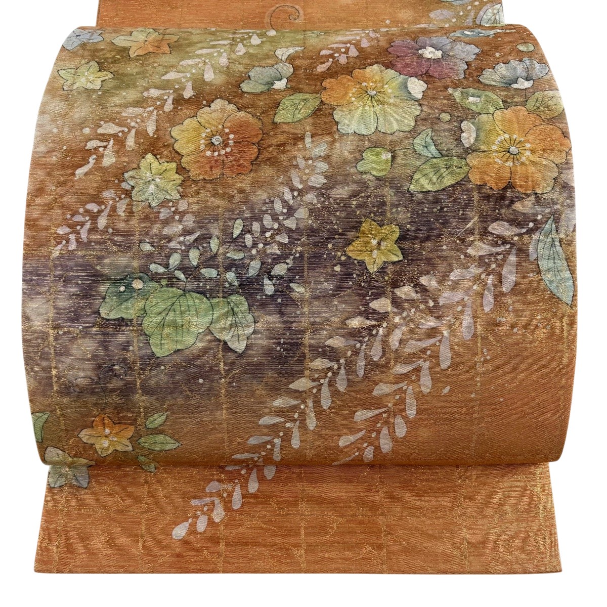 【美品】 袋帯 名篇 顕花植物 箔 オレンジ色 お太鼓柄 正絹 【中古】