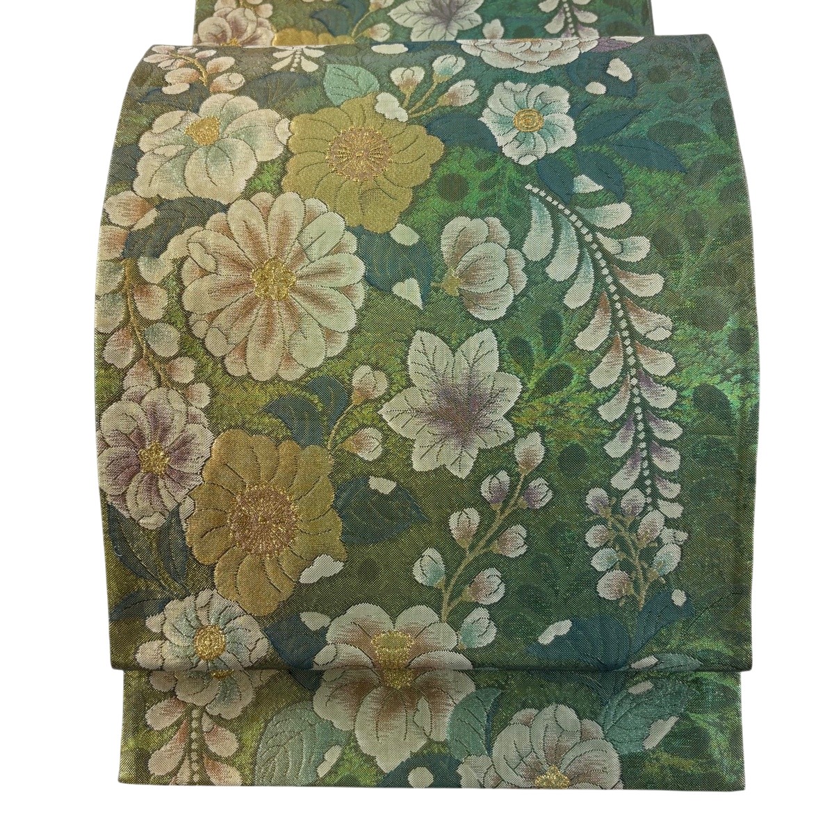 【美品】 袋帯 名篇 辻が花柄 金糸 箔 薄緑 六通 正絹 【中古】