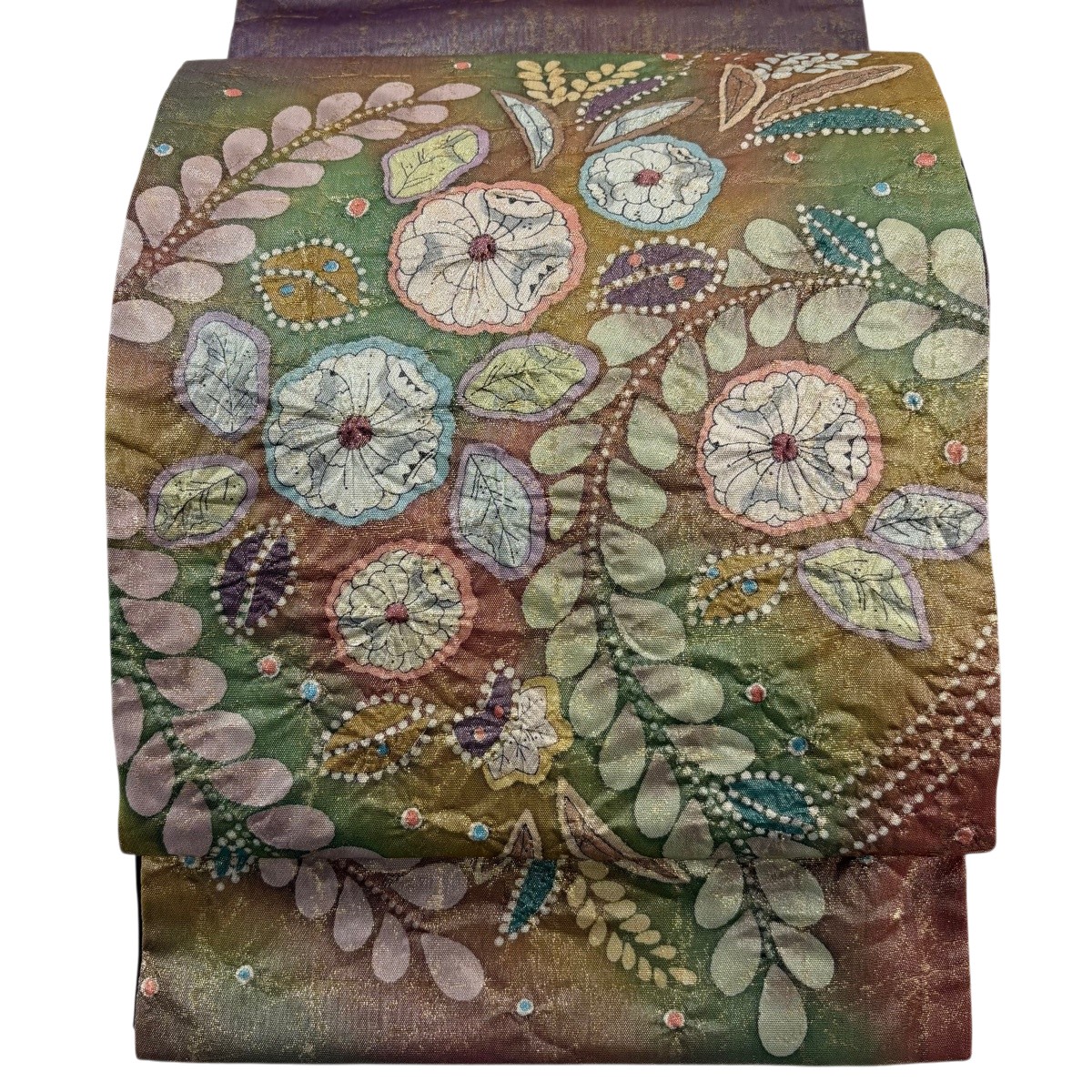 【美品】 袋帯 名篇 書き判あり 辻が花 透かし彫り 銀糸 箔 茶緑であること お太鼓柄 正絹 【中古】