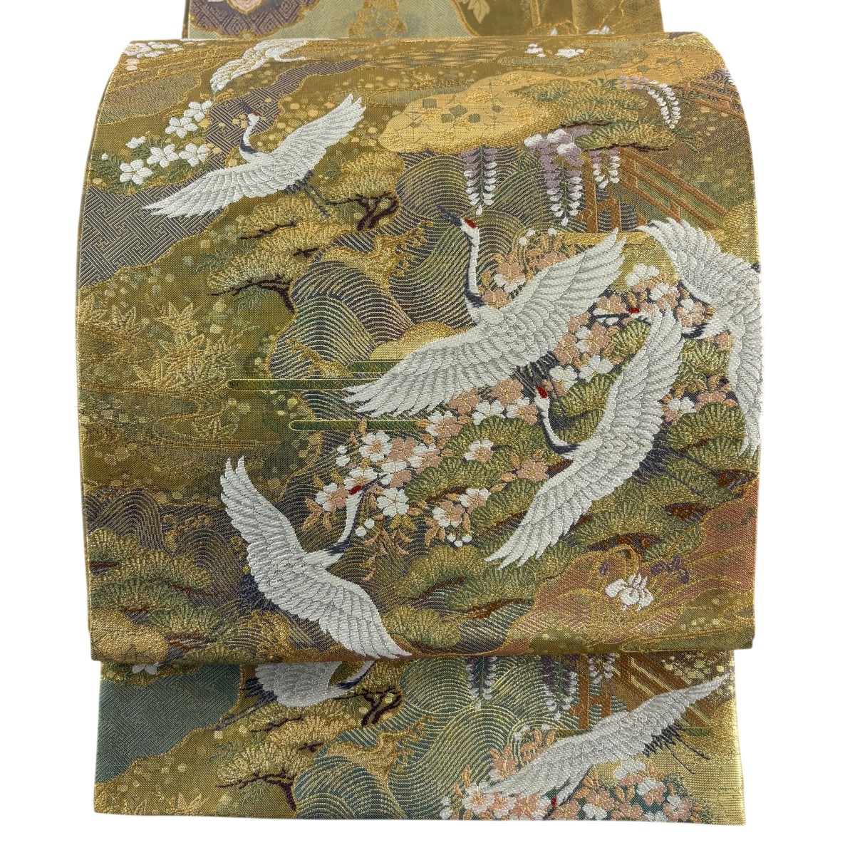 【美品】 袋帯 名篇 鶴 松梅 金糸 箔 金色 お太鼓柄 正絹 【中古】