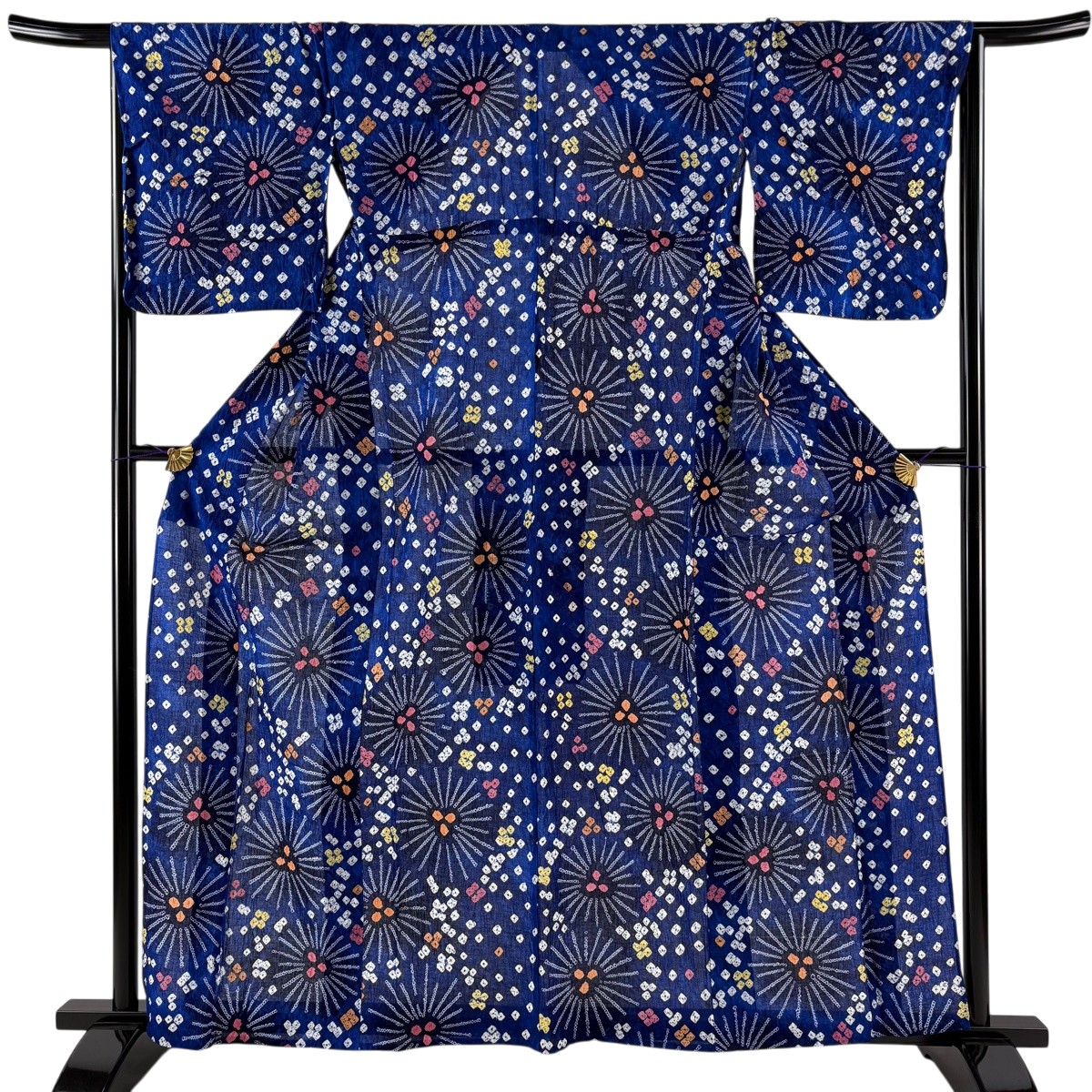【美品】 浴衣 身の丈158.5珊 裄丈65珊 M 絞り浴衣 若松 青 綿 神品 【中古】