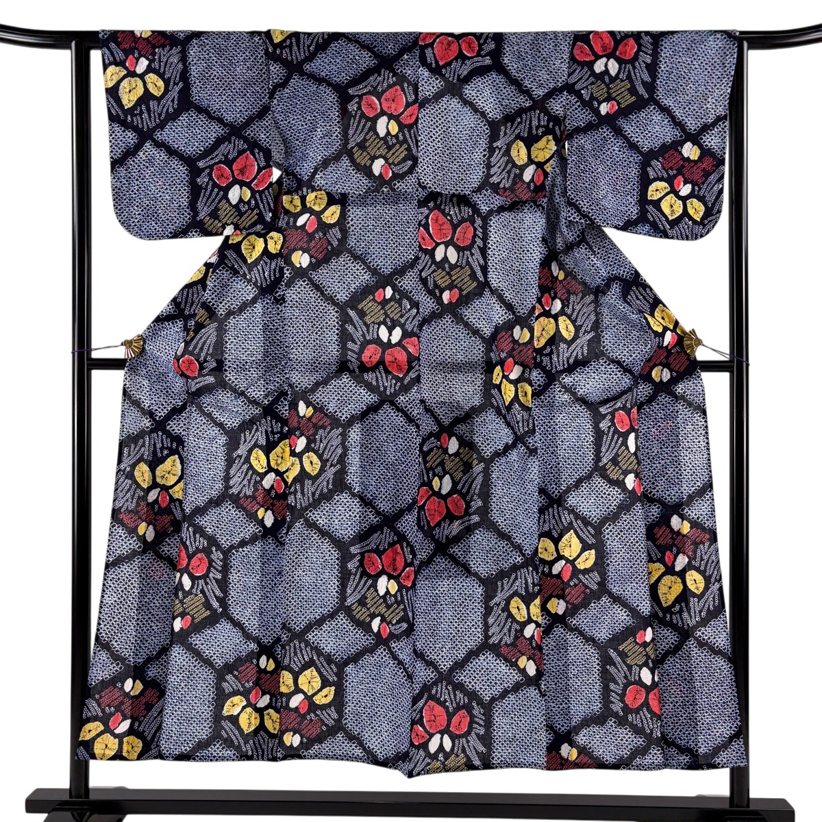 【美品】 浴衣 身の丈151珊 裄丈63.5珊 S 絞り浴衣 顕花植物 紺色 綿 神品 【中古】