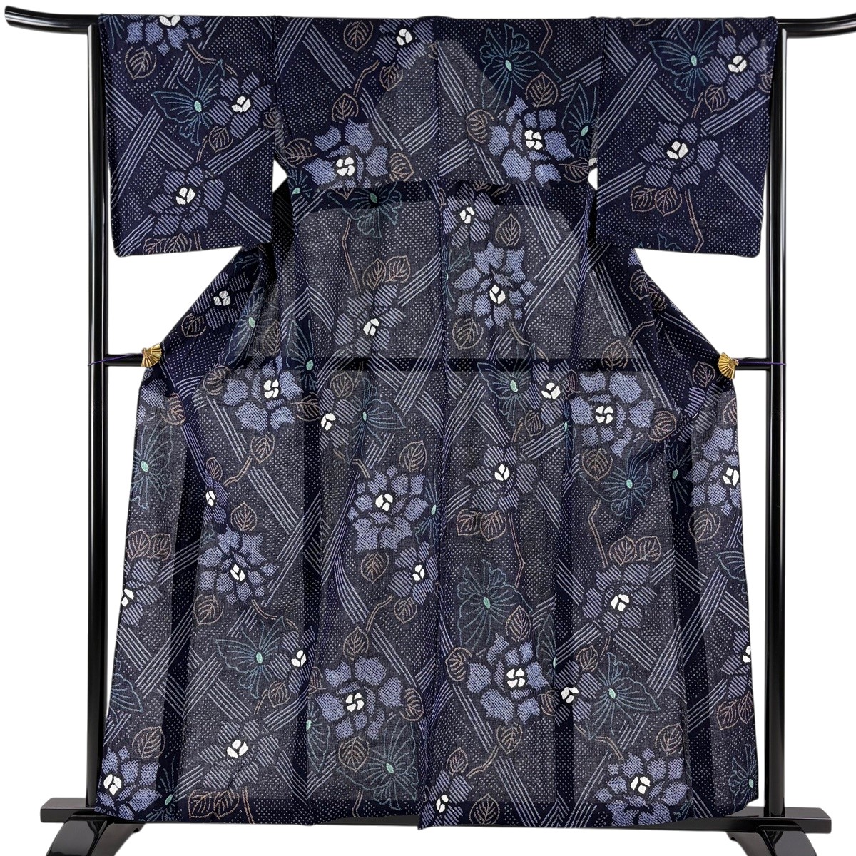 【美品】 浴衣 身の丈158珊 裄丈64.5珊 M 絞り浴衣 顕花植物 蝶 紺色 綿 神品 【中古】