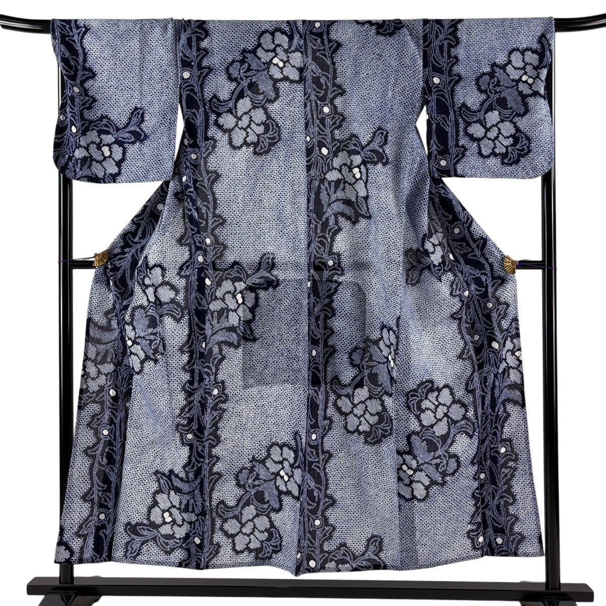 【美品】 浴衣 身の丈152.5珊 裄丈68.5珊 L 絞り浴衣 顕花植物 紺色 綿 神品 【中古】