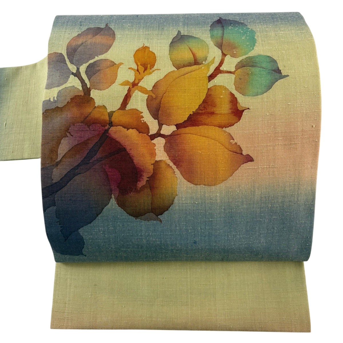 【美品】 名古屋帯 神品 紬地 枝葉 ぼかし柄 青薄墨色 正絹 【中古】