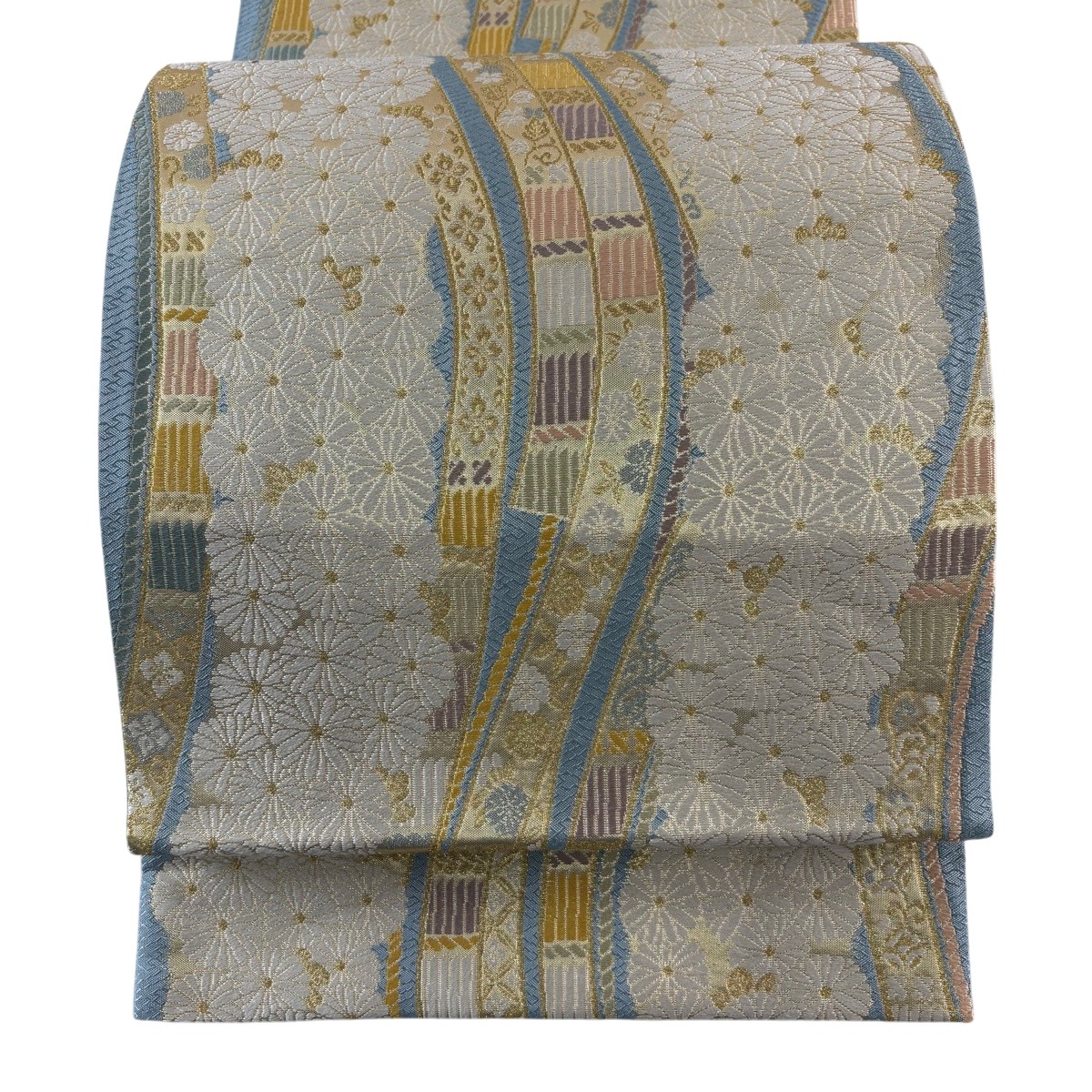 【美品】 袋帯 神品 菊 よろけ縞 唐織 箔 水色 六通 正絹 【中古】